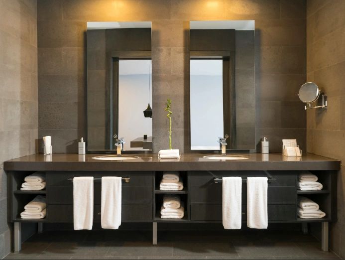 Modern bathroom remodel with dual vanity in Tampa Bay