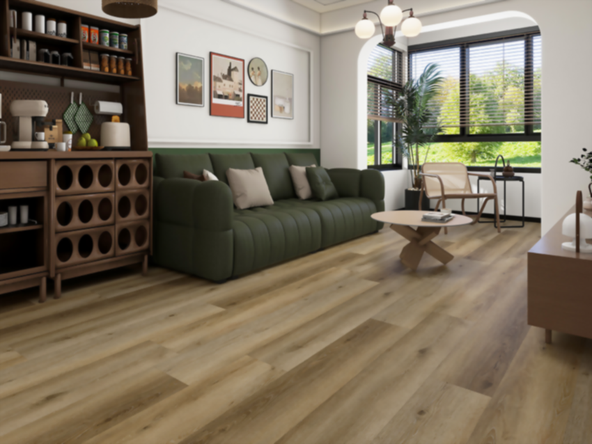 Warm wood-look luxury vinyl plank flooring in a bright living room