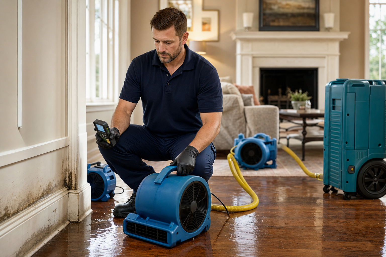Water damage restoration technician drying a Tampa Bay home with professional air movers and a dehumidifier